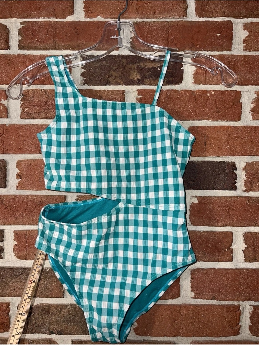 Wonder Nation Girls One Piece Cutout Swimsuit - Green Gingham - Size M (7/8)
